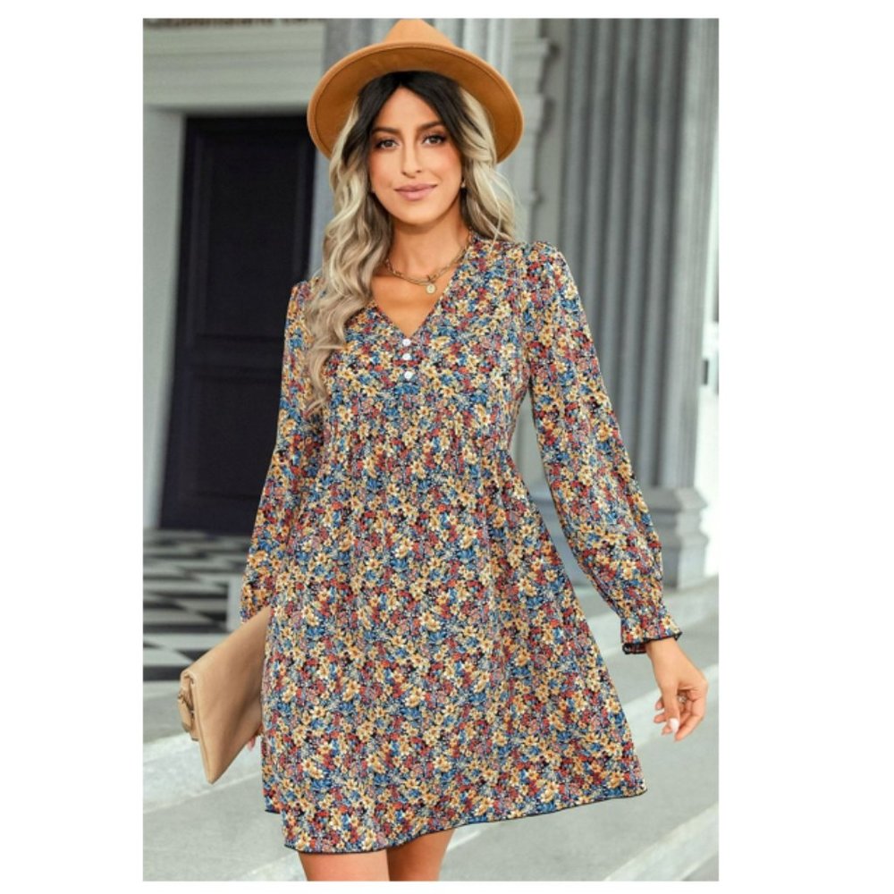 Floral Decorative Button Mini Dress - Picture 6 of 14